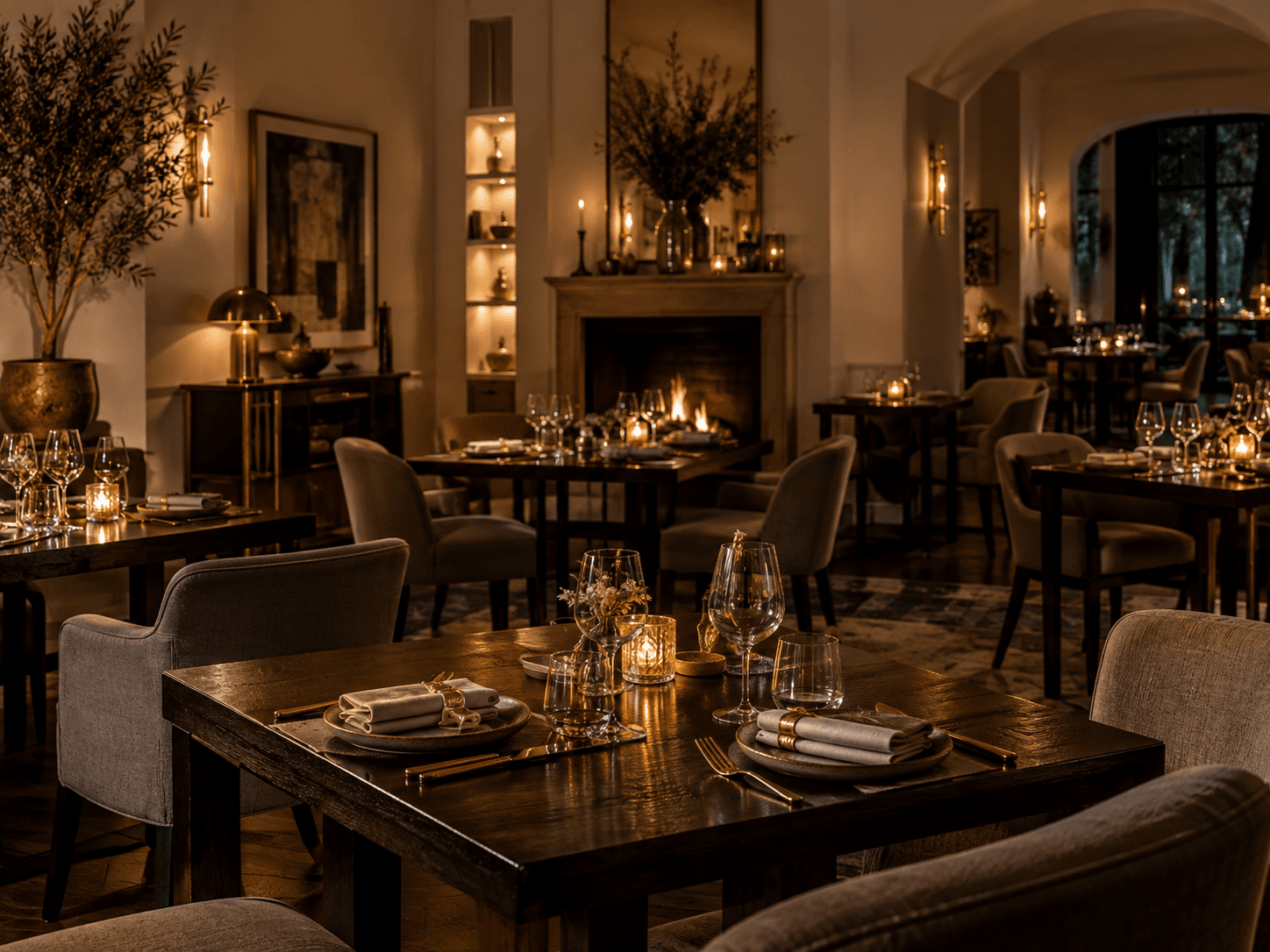 La salle du restaurant à la lumière tamisée, cheminée allumée au fond