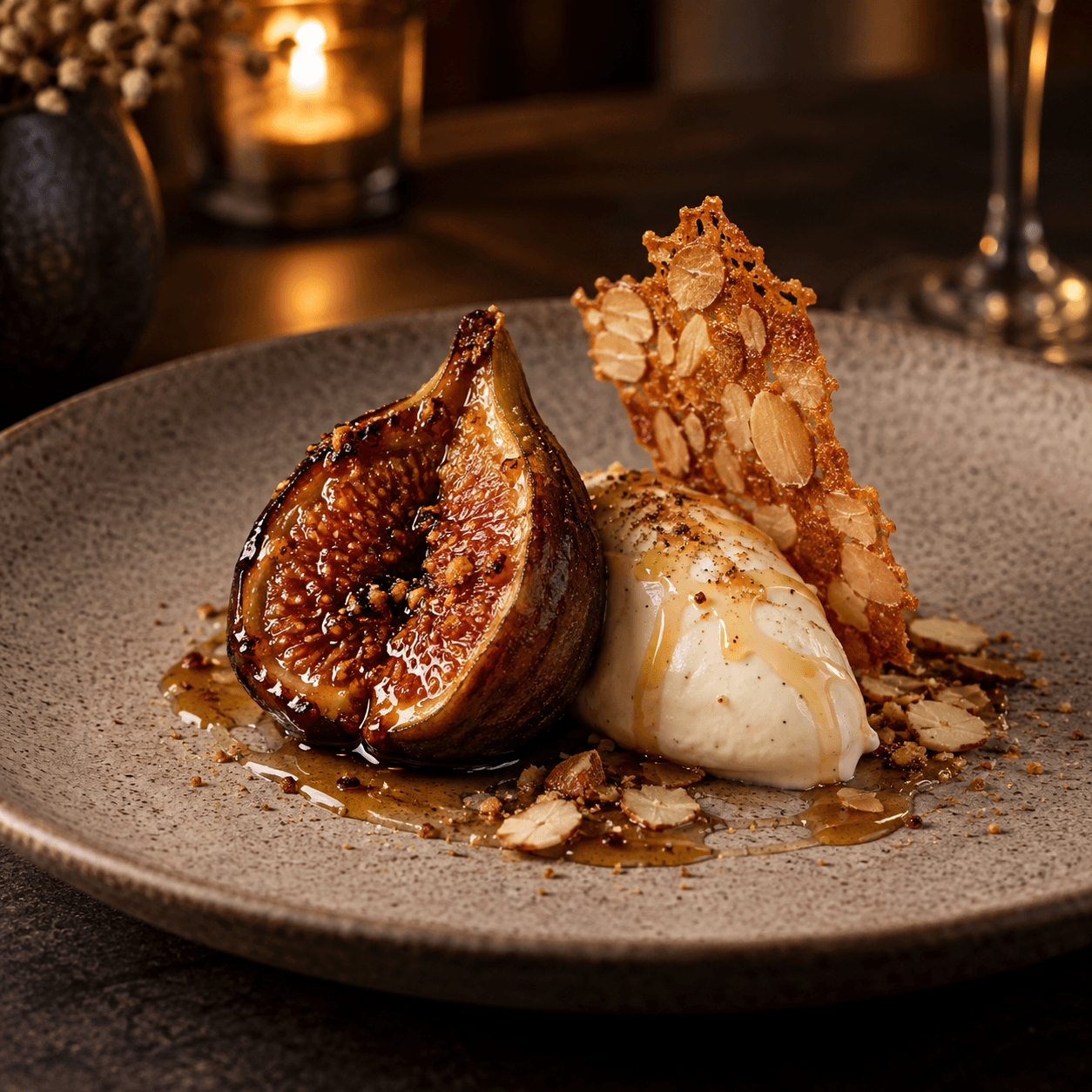 Figue rôtie, mascarpone à la vanille, miel de châtaignier et tuile aux amandes