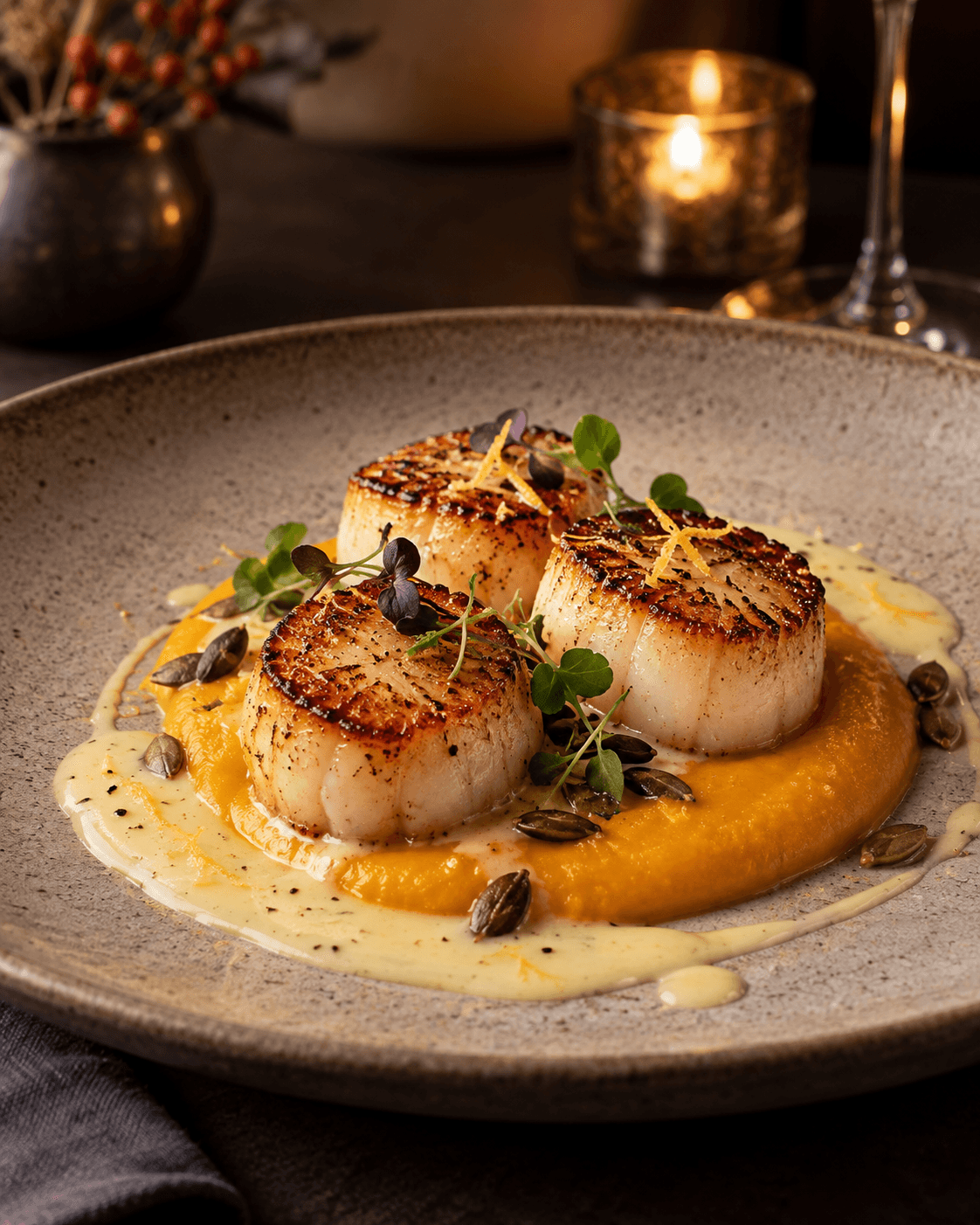 Trois noix de Saint-Jacques snackées sur crème de potimarron et beurre blanc