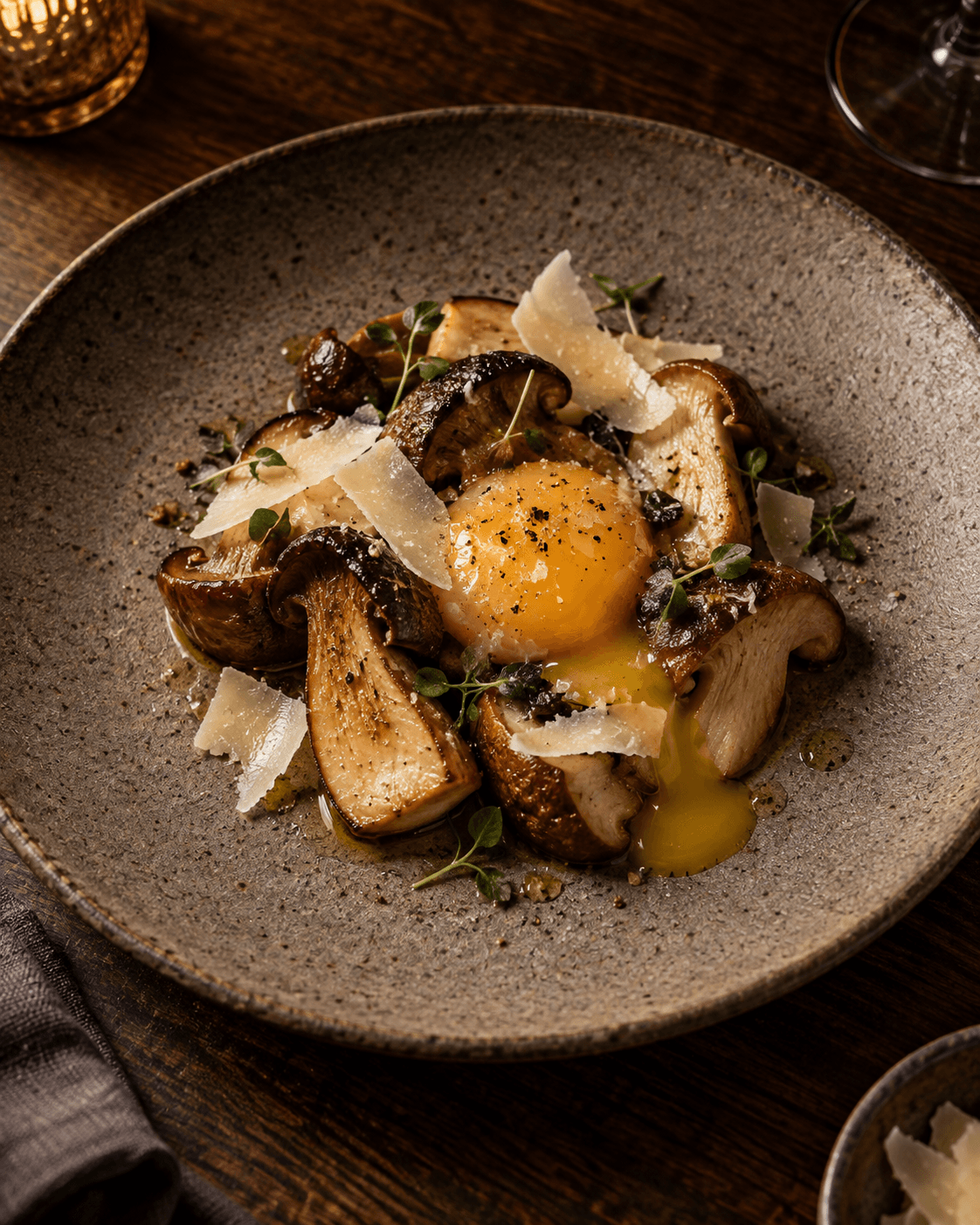 Cèpes rôtis, jaune d'œuf confit et copeaux de comté sur une assiette en grès