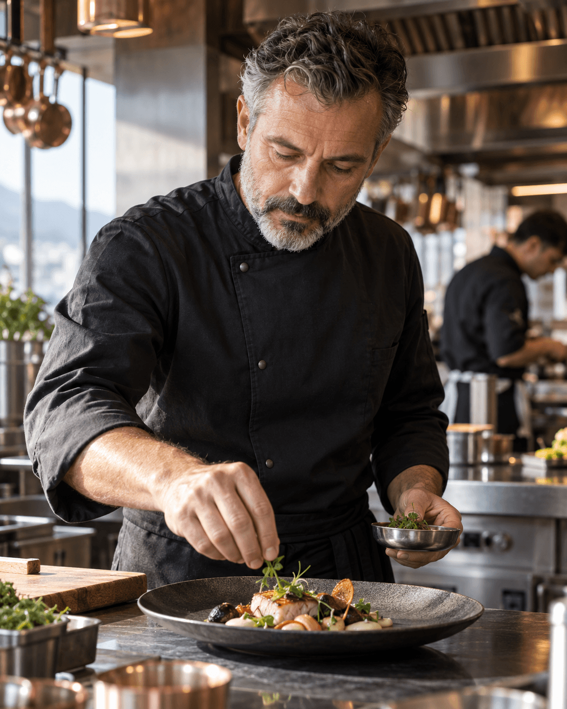 Anselme Ravenel en veste noire, posant une herbe sur un plat dans sa cuisine
