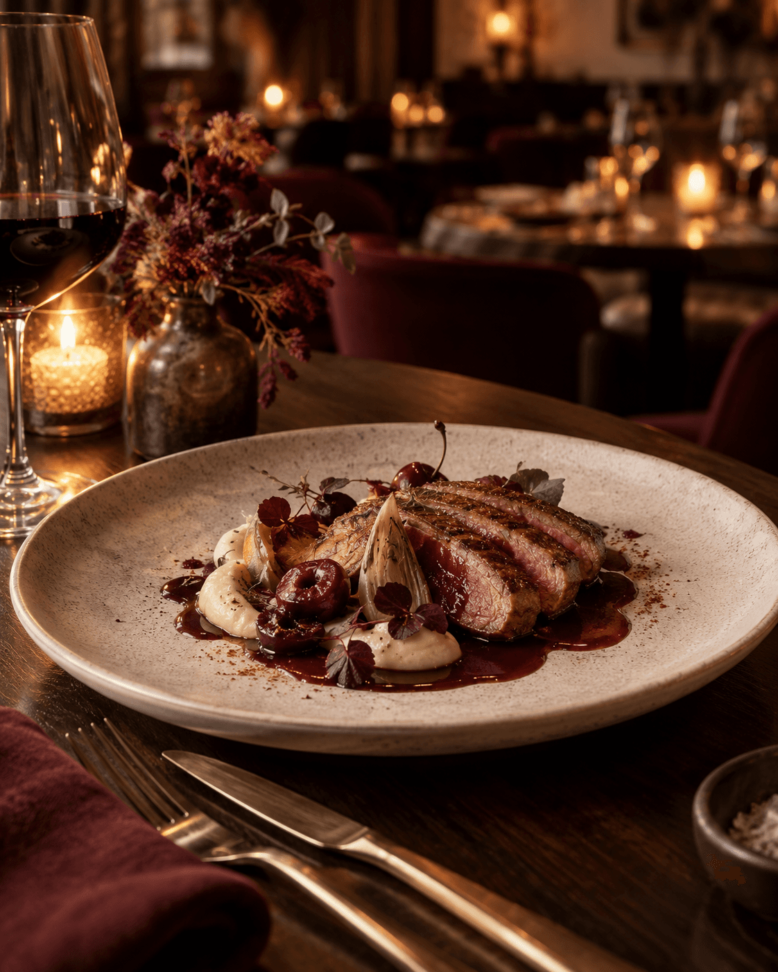 Viande rôtie tranchée, cerises et purée, servie en salle à la lumière des bougies