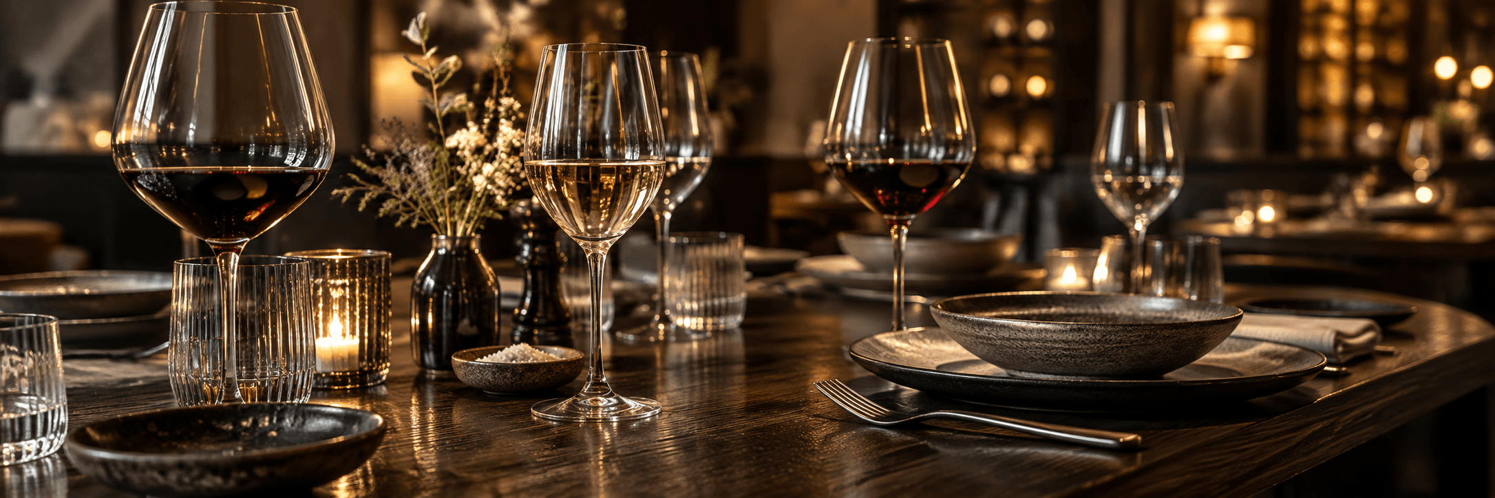 Verres à vin, bougies et vaisselle en grès sur une table en chêne sombre