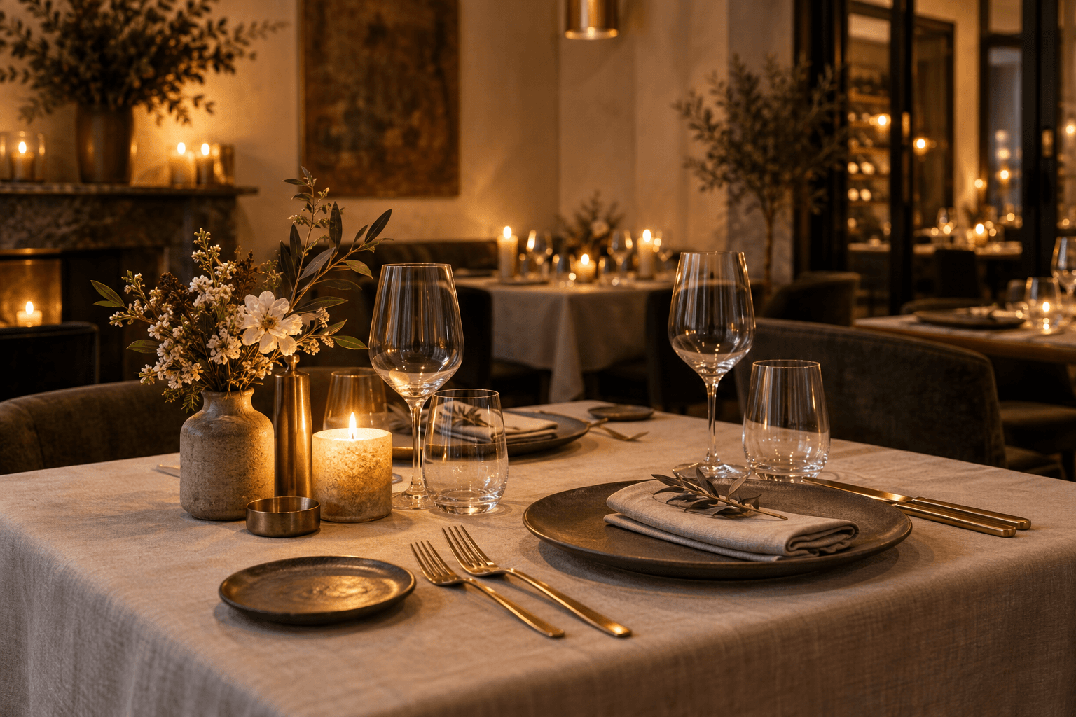 Une table dressée avant le service, bougies allumées et couverts dorés