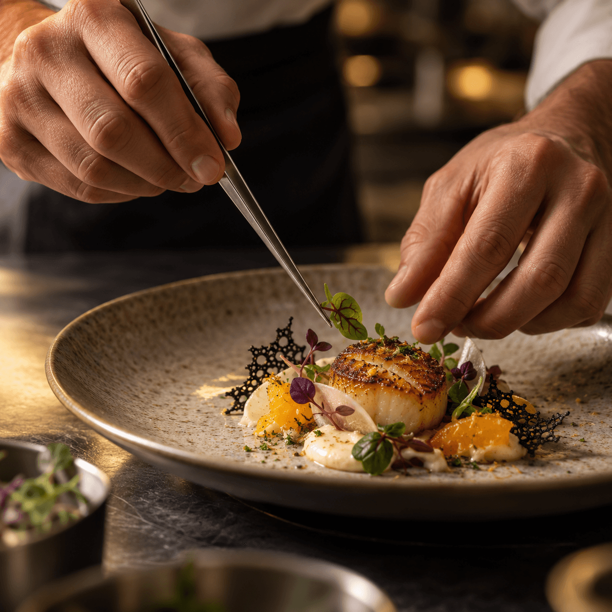 Dressage d'une noix de Saint-Jacques à la pince, sur un plan de travail en cuisine